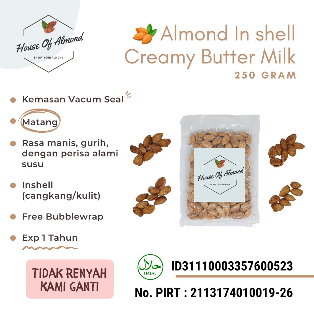 

Kacang Almond Panggang Cangkang rasa susu Creamy Butter milk 250gr