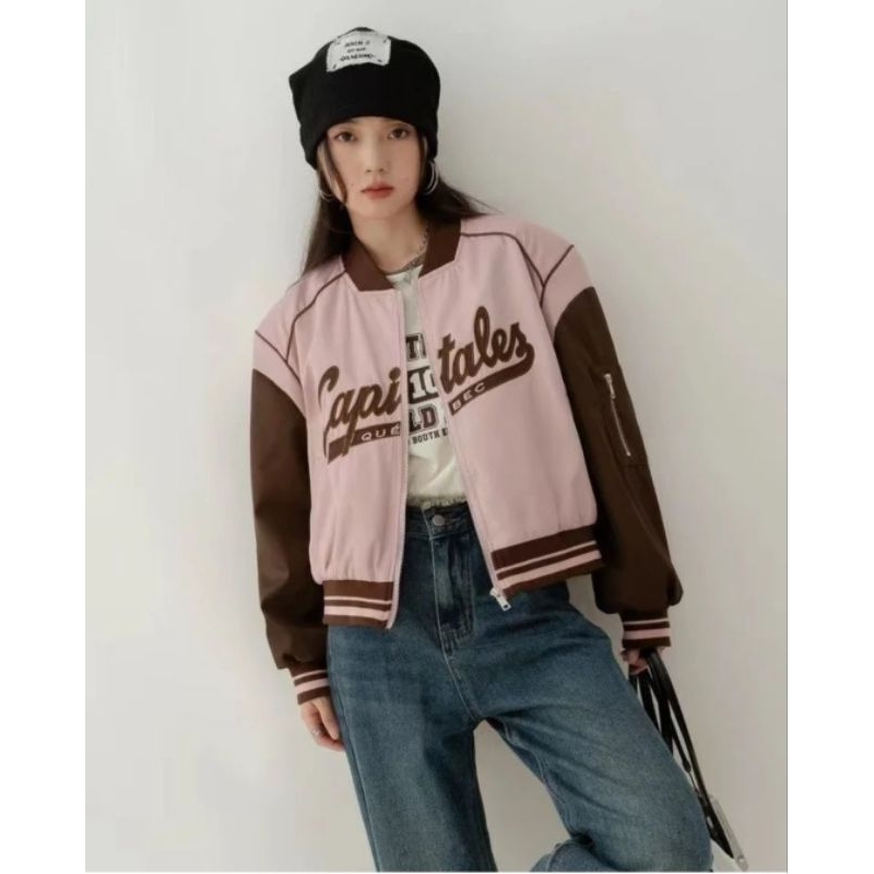 CAPITALES Jacket Croope Wanita Oversize | Jaket Bomber Crop Wanita Korean Style | Jacket Wanita Korea