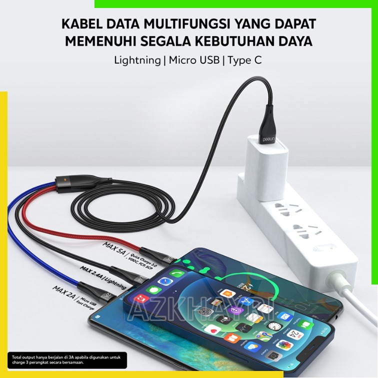 UNEED Kabel Charger Data 3in1 Micro USB Type C iPhone Lightning 5A QC VOOC