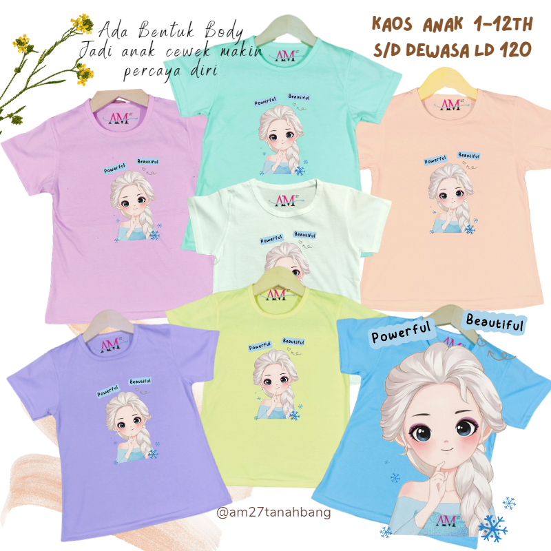 Baju kaos anak cewek 3-12 tahun sampai dewasa jumbo motif Frozen Powerful Beautiful