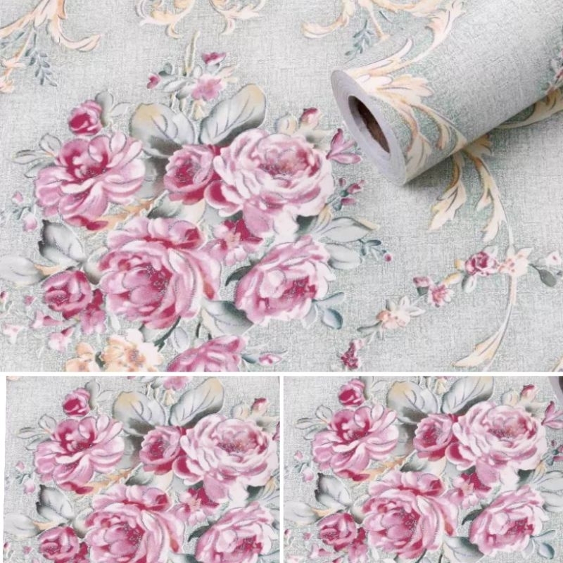 Wallpaper Dinding Wallpaper Sticker Dinding Warna Hijau Tosca Bunga Pink Cantik Cocok Untuk Ruang Ta