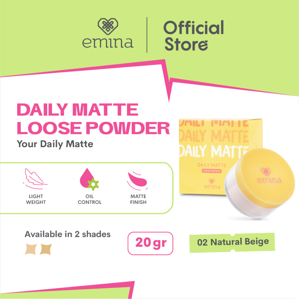 EMINA Daily Matte Loose Powder Indonesia / Bedak Tabur Wajah 20g / Mate Finish Oil Control Light Weight : 01 Light Beige 02 Natural Beige / Makeup Face Make Up Cosmetic Kosmetik Series / BB Cream Compact Cushion Foundation / Cusion Padat Tabur Lose Muka