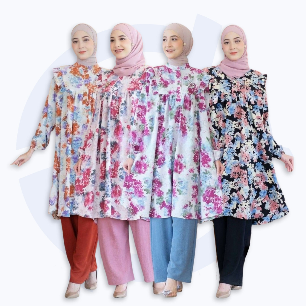 Setelan Wanita Tunik dan Celana Panjang Crinkle Motif Bunga Floral Baju One Set Jumbo LD 120 Korean 
