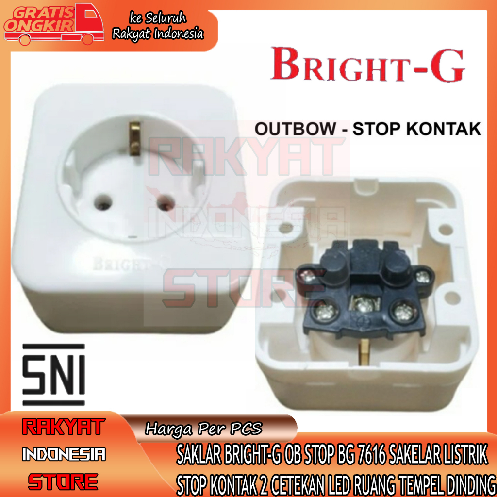 SAKLAR BRIGHT-G OB STOP BG 7616 PERSEGI SAKELAR TUNGGAL OUTBOW SOCKET TEMPEL DINDING CETEKAN COLOKAN