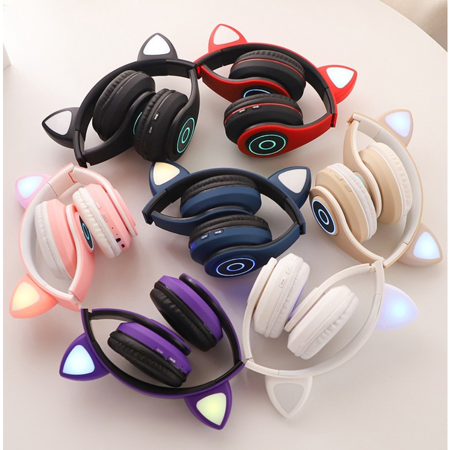 B39 JST28 Headphone Bluetooth Anak Motif Kuping Kucing Bando Headset LED Wireless On-Ear Bass - XOBOX