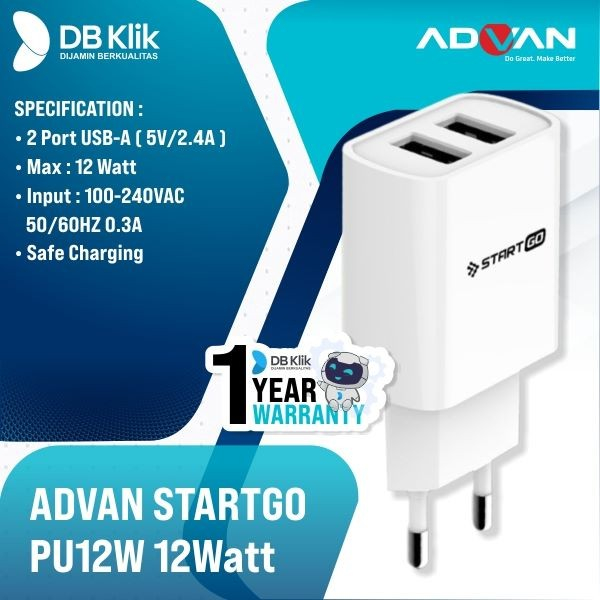 Kepala Charger ADVAN STARTGO PU12W 12Watt 2.4A Dual Port USB A