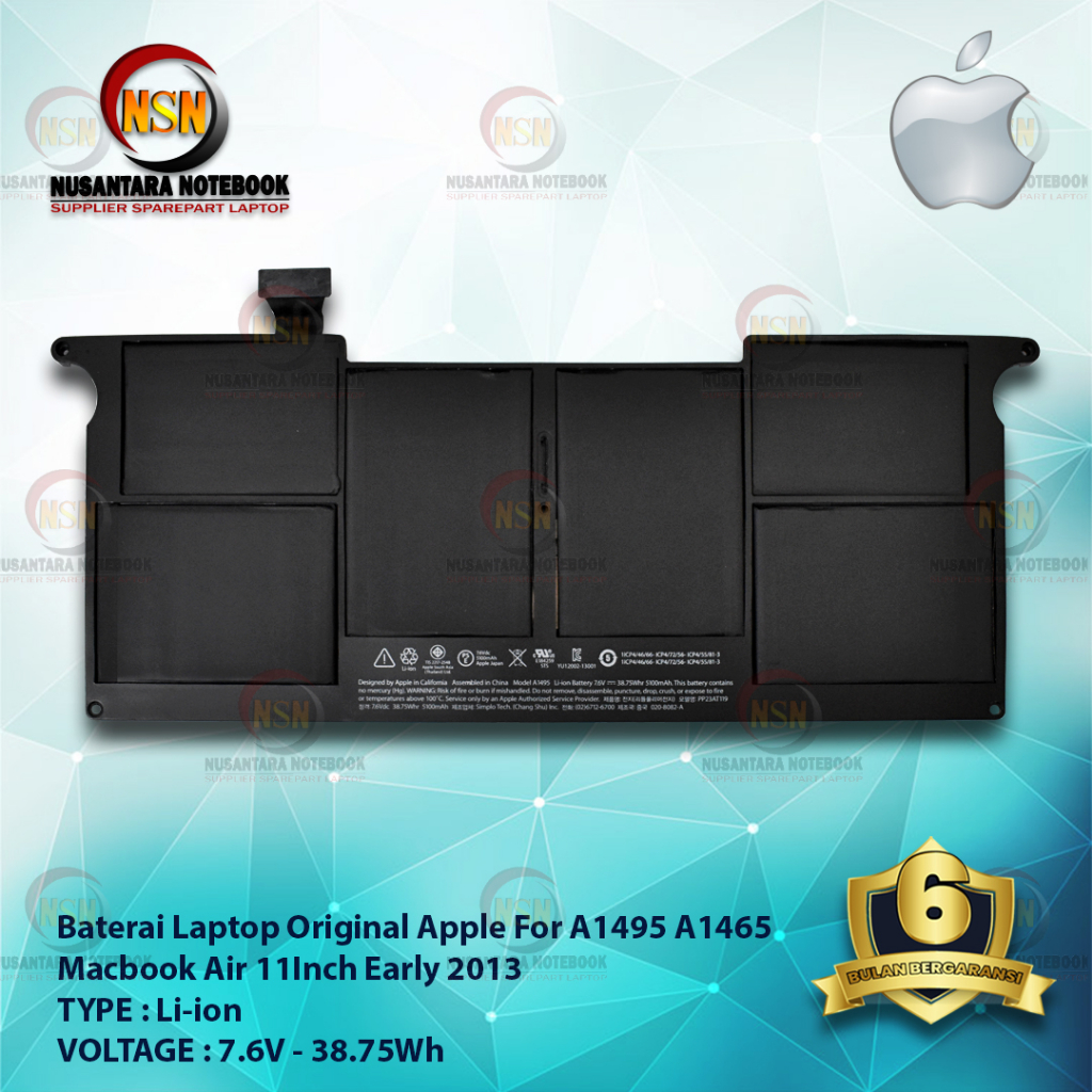 Baterai Apple OG A1495 A1465 Mac Air 11&quot; Early 2013 7.6V 38.75Wh