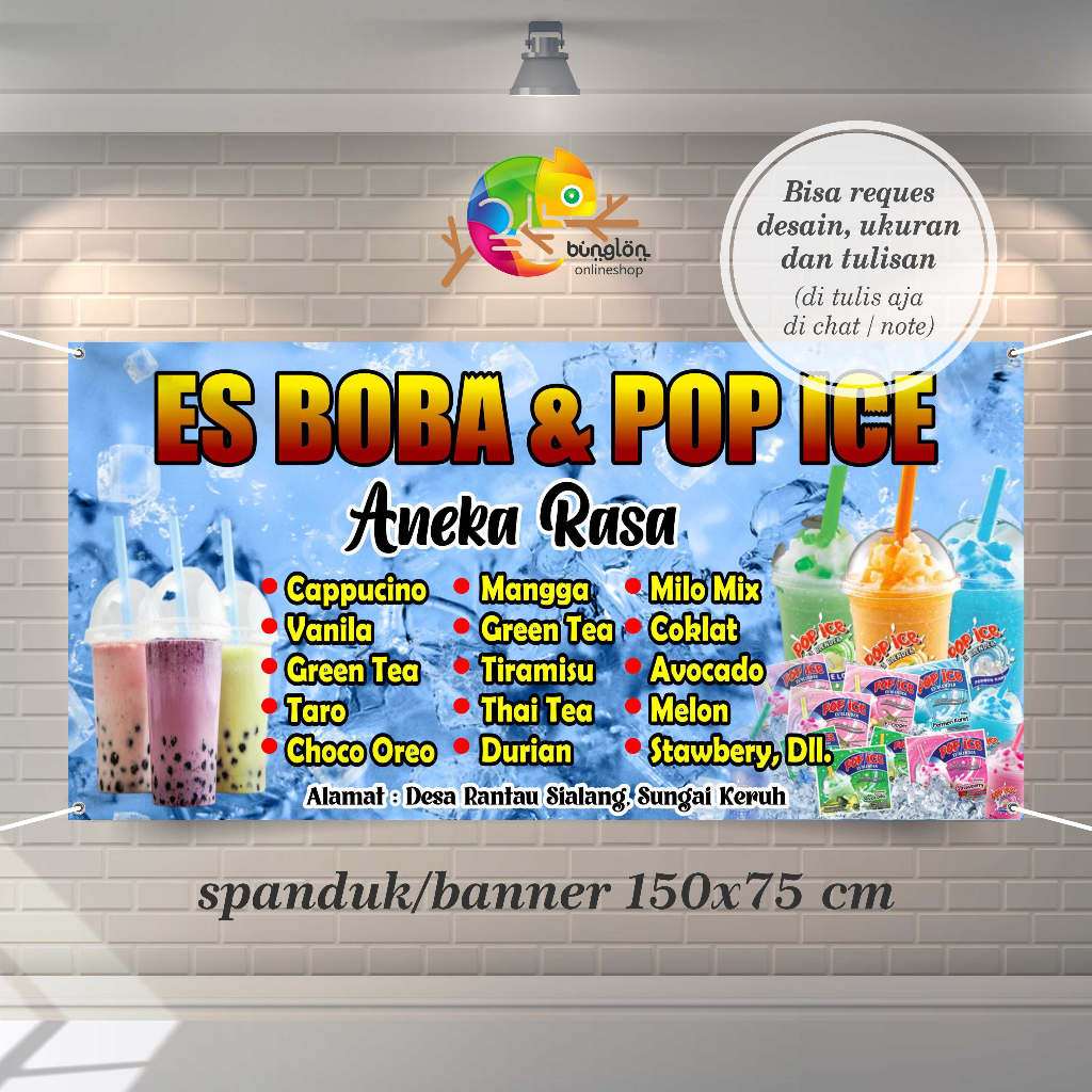 Size 150x75 Spanduk Banner Minuman Boba & Pop Ice Bisa Custom Desain