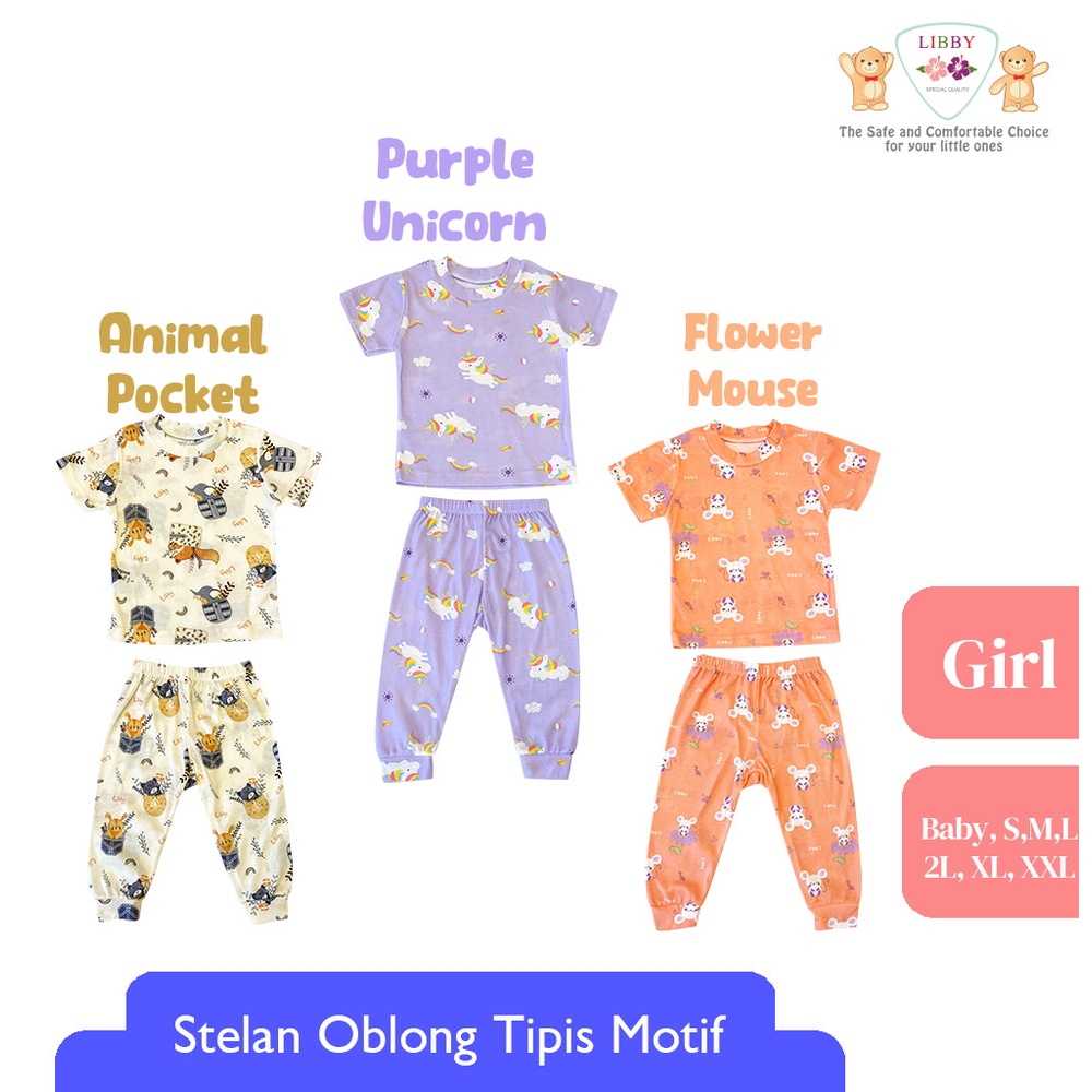 LIBBY Stelan Oblong Cotton Rib Pendek - Celana Panjang Motif Happy Farm Series (1stel)