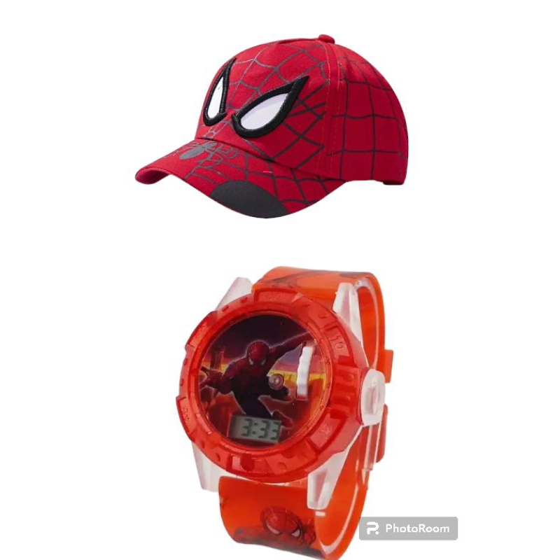 (Cod)Jam Tangan Anak-Anak Spiderman Led Musik Lampu+Topi Spiderman Strap Rubber(Dikirim Jakarta)