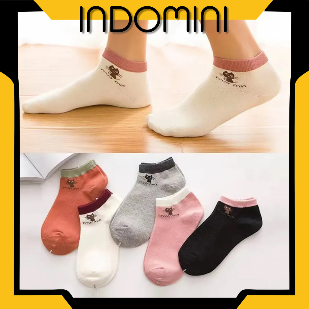 INDOMINI Kaos Kaki Wanita Motif Kucing Miau Miau Women Low Socks Cotton Kaos Kaki Lucu KK147