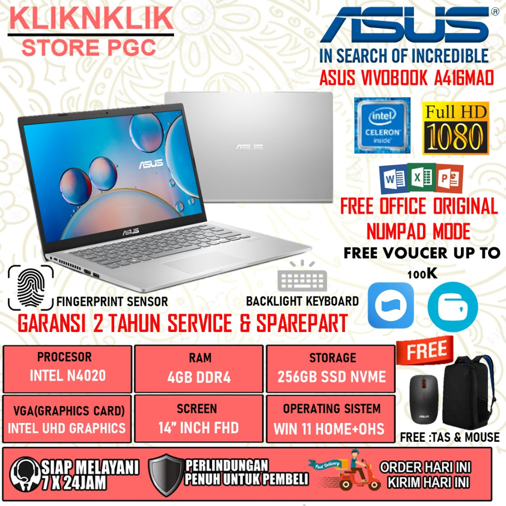 LAPTOP ASUS VIVOBOOK A416MAO INTEL N4020 RAM 4GB 8GB 256GB 512GB SSD FULL HD BACKLIGHT WINDOWS 11 HOME