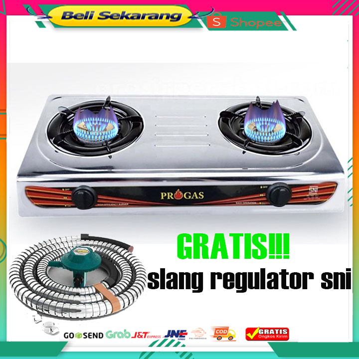 KOMPOR PROGAS 2 TUNGKU+SELANG+REGULATOR  API BIRU TEFLON/stenlis 269  api biru MANTAP