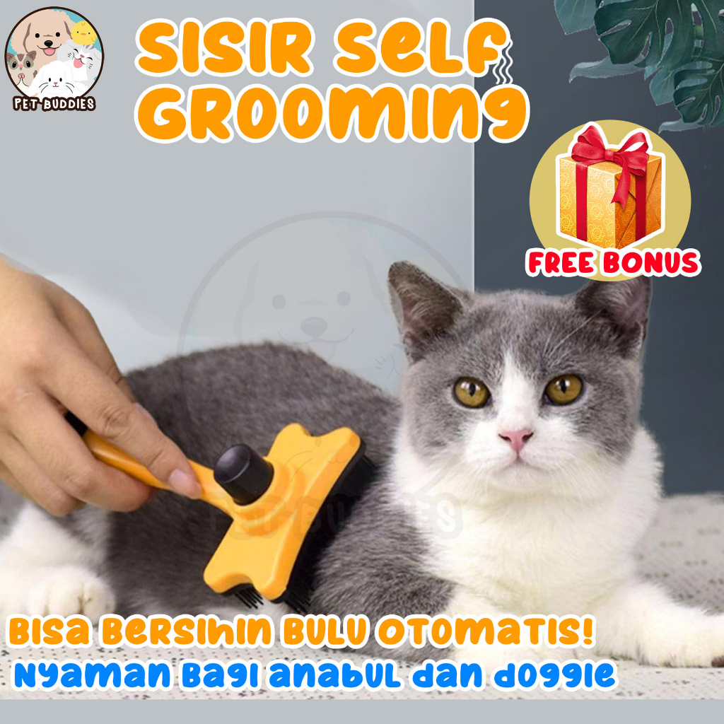 Sisir SELF Grooming Brush Tombol Anjing/Kucing Self Quick Cleaning Tekan Tombol