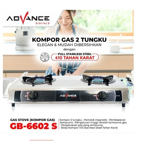 Advance Kompor Gas 1 &amp; 2 Tungku GB-6601S 6602S Stainless Steel Tahan Karat