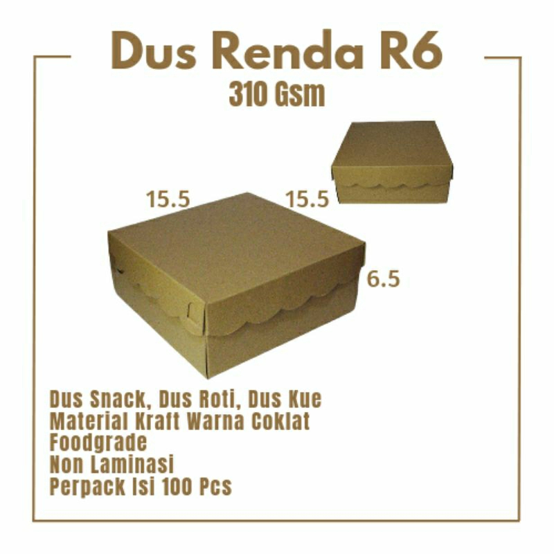 

Dus R6 Kraft 15.5x15.5x6.5 310 Gsm, Dus Roti, Dus Bolu, Kotak Roti, Dus Snack Kraft, Dus Renda, Kardus Renda, Dus Tipe R, Dus Snack Renda