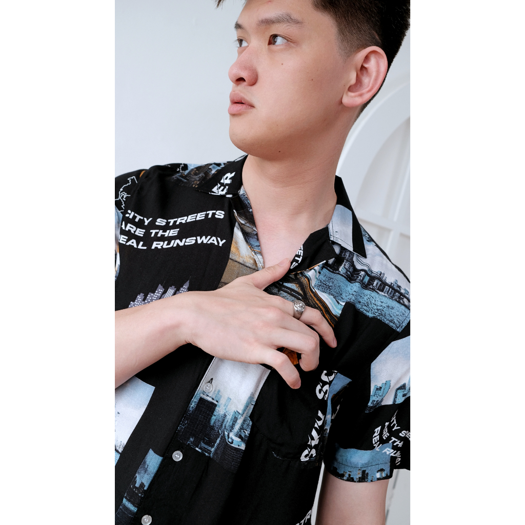 SANVANINA Kemeja Hawaii Santai Bowling Shirt Motif Unisex Gotham E-2047