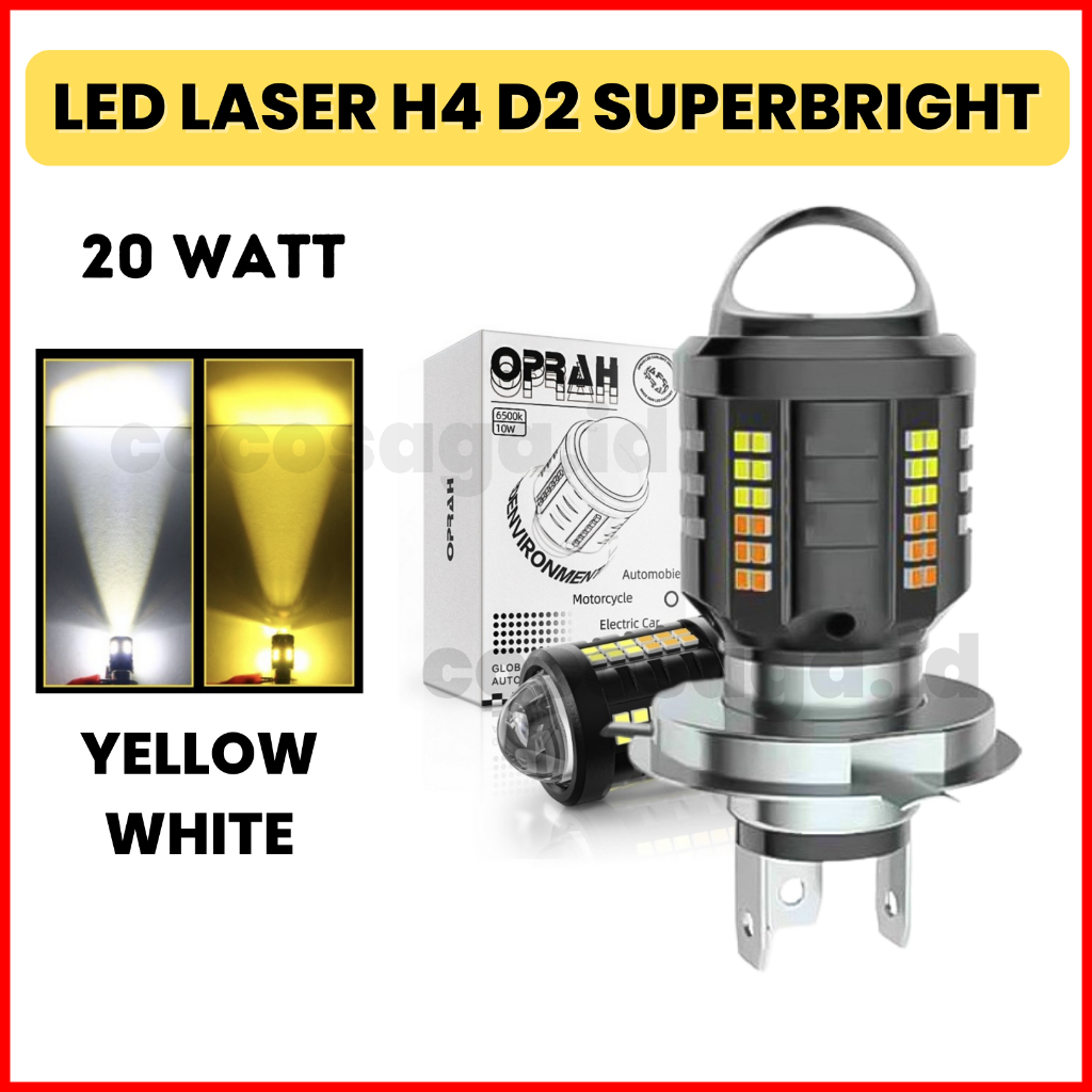 Lampu LED H4 Laser tembak D2 (2 warna) Putih Kuning High Low (Hi-Lo) - SUPERBRIGHT , 20watt , 8000LM , 73SMD , 3570LED (motor mobil)