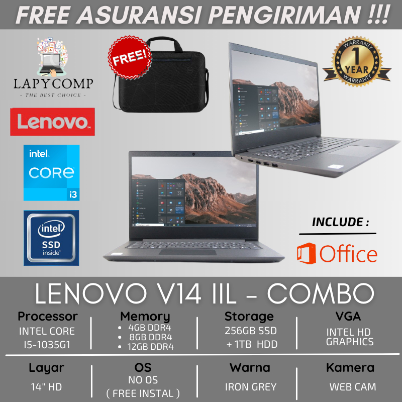 LAPTOP MURAH BONUS TAS LENOVO V14-IIL / INTEL i3-105G1 / 12GB RAM / 256GB SSD + HDD ITB / FREE INSTAL LAPTOP DARING SIAP PAKAI