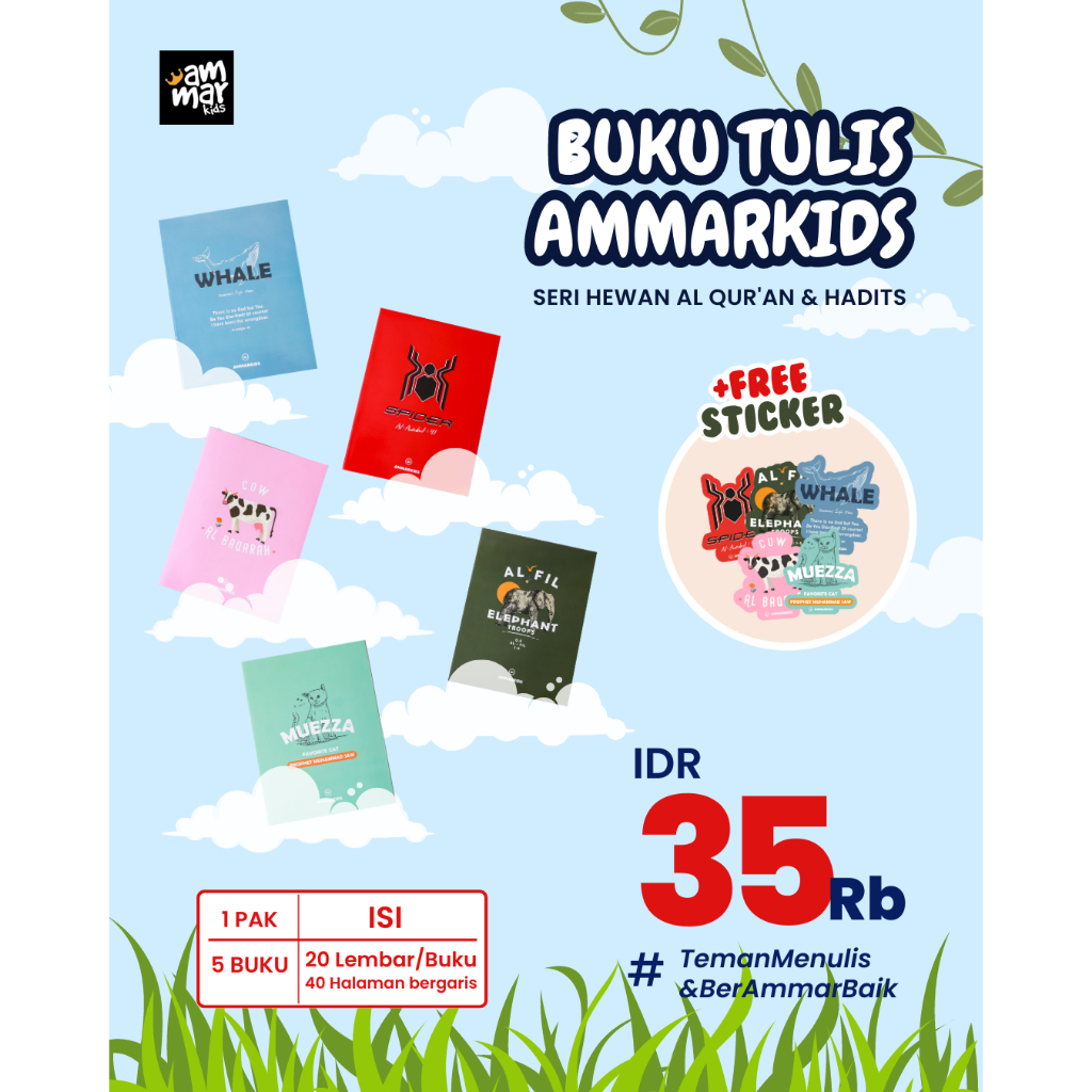 

Buku Tulis Anak Sekolah TK SD SMP SMA Laki Laki dan Perempuan Ammarkids Series Hewan Al-Qur'an Hadist Warna Biru, Merah, Hijau, Pink, Army Bahan Tebal
