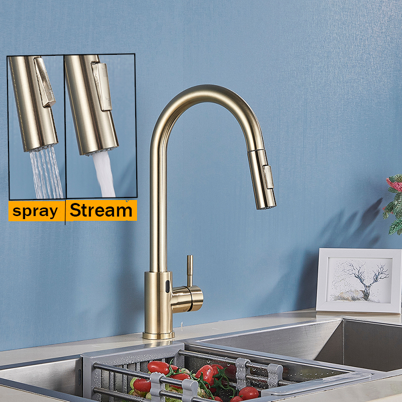 Touch Sensor Kran Sink Mixer Tarik Brushed Brass Kran kitchen Sink keran air wastafel Kran Cuci Piring Fleksibel