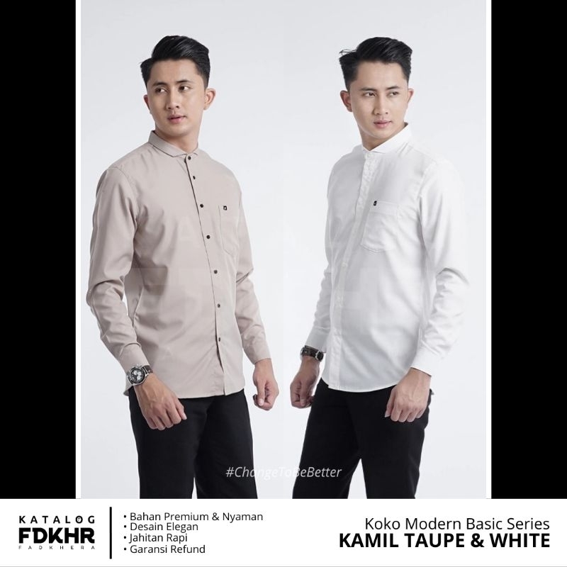 BAJU KOKO PRIA FADKHERA KAMIL KEMEJA LENGAN PANJANG POLOS PUTIH TAUPE WHITE