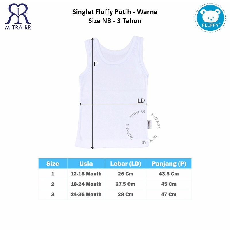 Fluffy Singlet Bayi Polos Putih dan Warna | Kaos Dalam Anak Katun NB – 3 Tahun