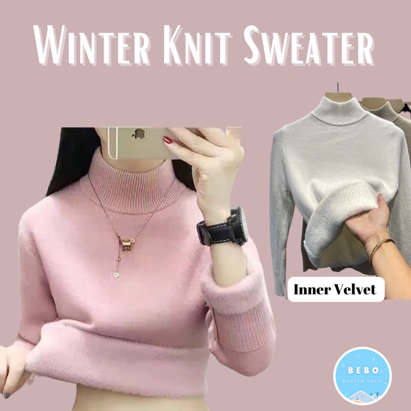 Winter Turtleneck Knit Sweater dengan inner Velvet