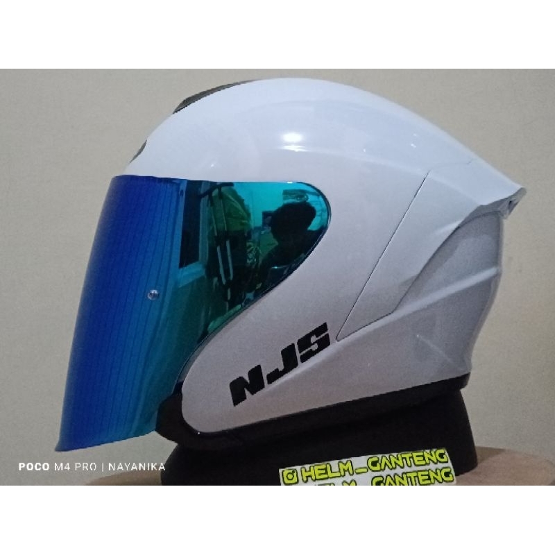 HELM NJS KAIROZ WHITE PUTIH PAKET GANTENG VISOR IRIDIUM BLUE ORIGINAL NJS