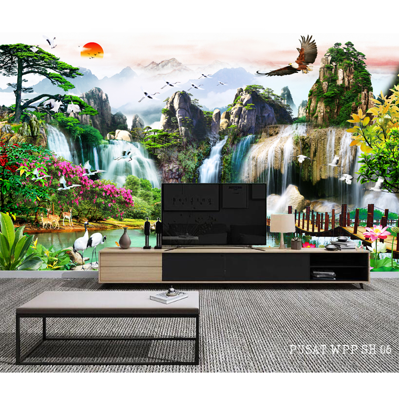 Jasa Cetak Wallpaper 3D Custom Motif Nature Pemandangan Air Terjun, Wallpaper Dinding 3D Custom Ruan