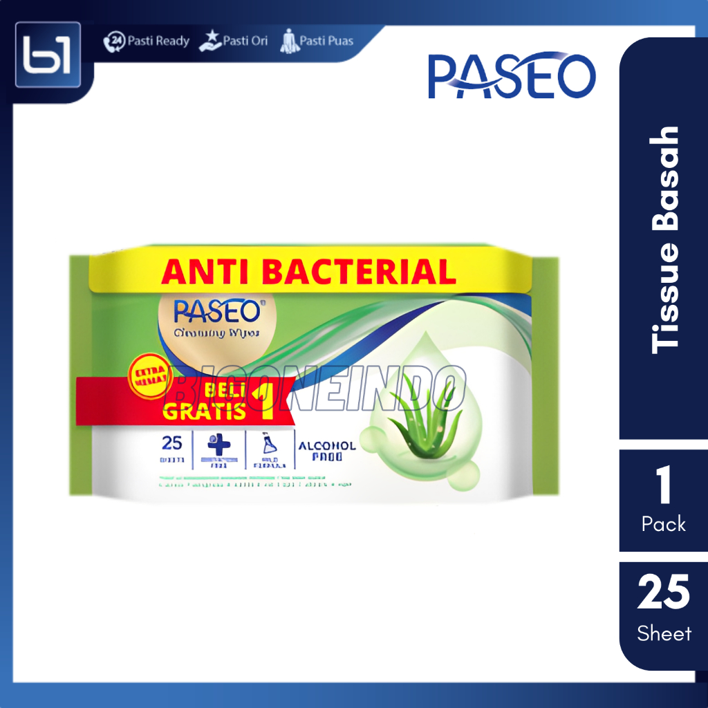 Paseo Tissue Basah Anti Bacterial 25 Sheet, Cleansing Wipes Aloe Vera Tisu, Tissu Basah Paseo Antiba
