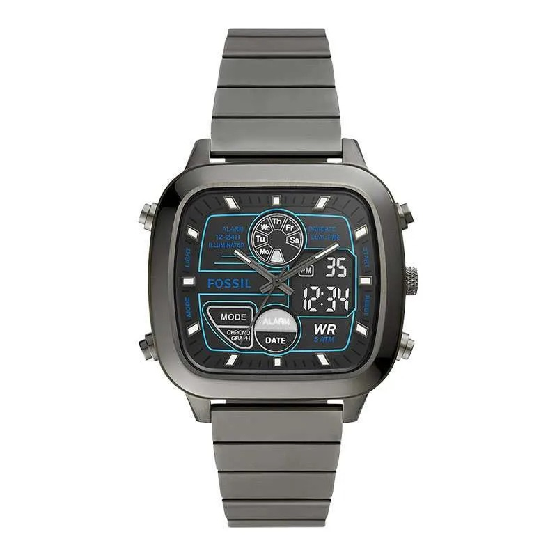 jam tangan BRANDED Retro FS5892 Men Digital Analog Dial Smoke Stainless Steel Strap