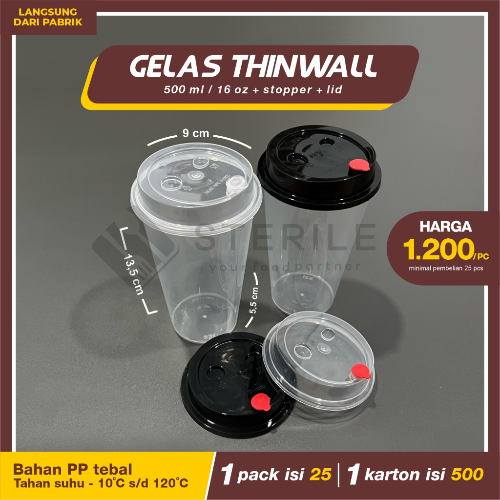 GELAS THINWALL OVAL 500 ML 16 OZ + TUTUP ISI 25 PCS / GELAS PP INJECT 500 ML / GELAS BOBA TEBAL