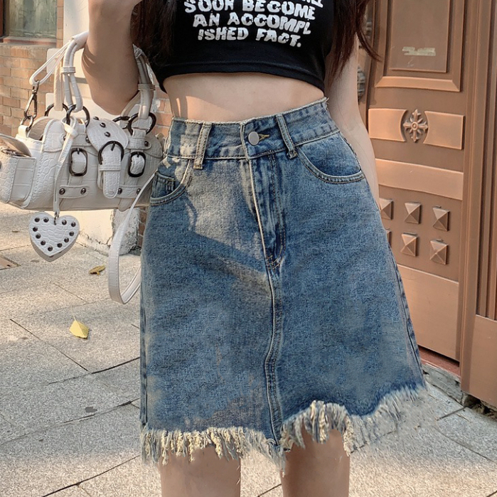 Rok jeans pendek rok mini korea rok sobek samping A-line ootd murah kekinian rok denim