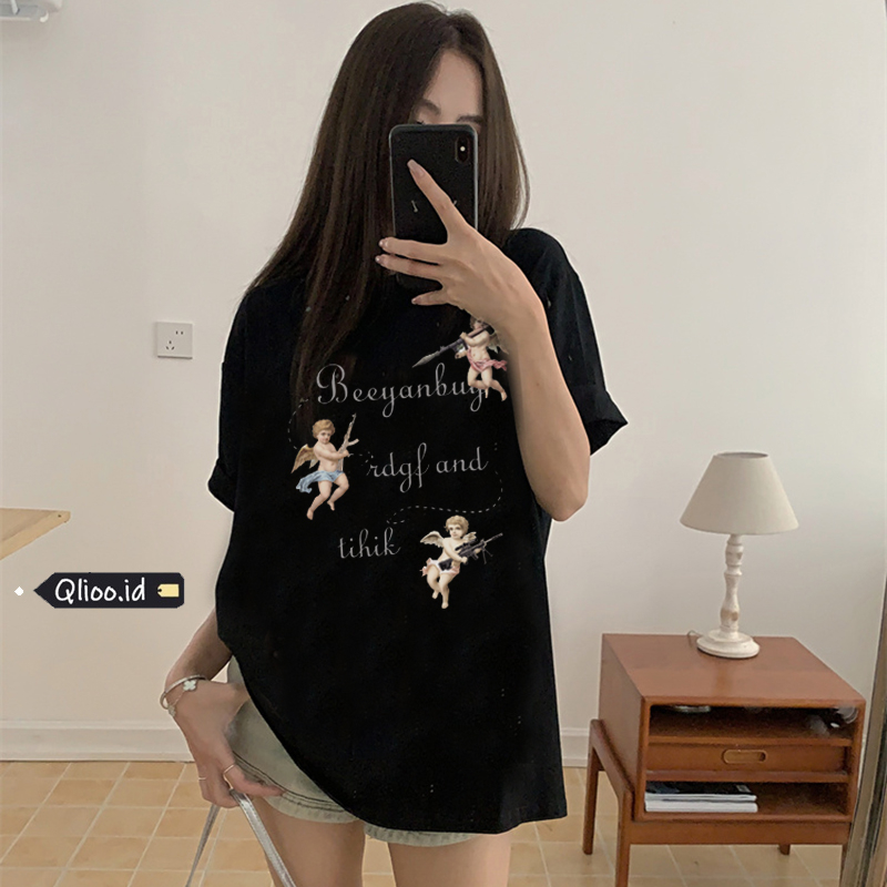 Print T-shirt Kaos Lengan Pendek Vintage Angle Printing Oversize Atasan Wanita Korean Style