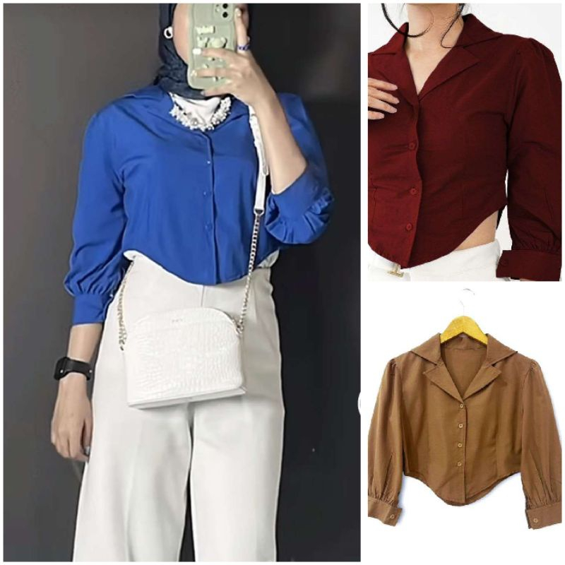 Priscilla Kemeja Crop Top Puff Cotton Gangnam - Atasan Baju V-Neck Top Blouse Vneck Shirt Katun Fashion Wanita Outfit Hangout Kekinian