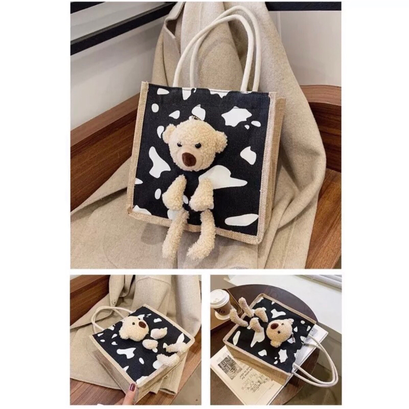 Tote Bag Bear Tas Wanita Shoulder Bag Kanfas Motif