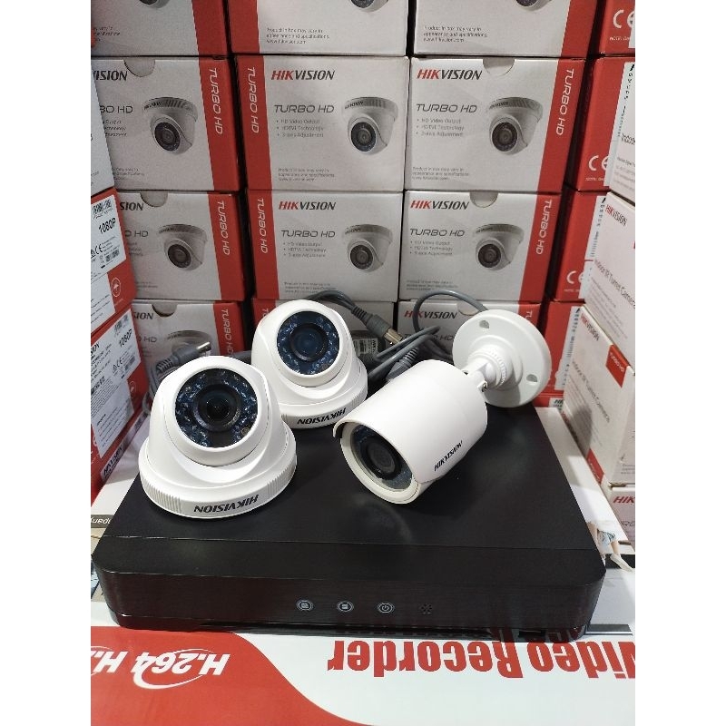 Paket Camera Cctv Hikvision 4ch 3 Kamera Turbo HD 1080p Paket Komplit 2mp Hik Vision Indoor Outdoor Tinggal Pasang Aja Bosss