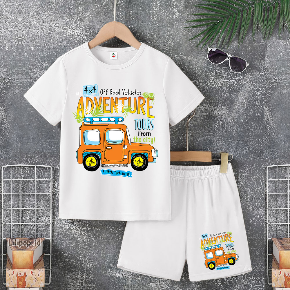 Baju Anak Stelan Usia 4-10 Tahun adventure Kaos 3/4 Cowok Cewek  Celana Pendek Harian