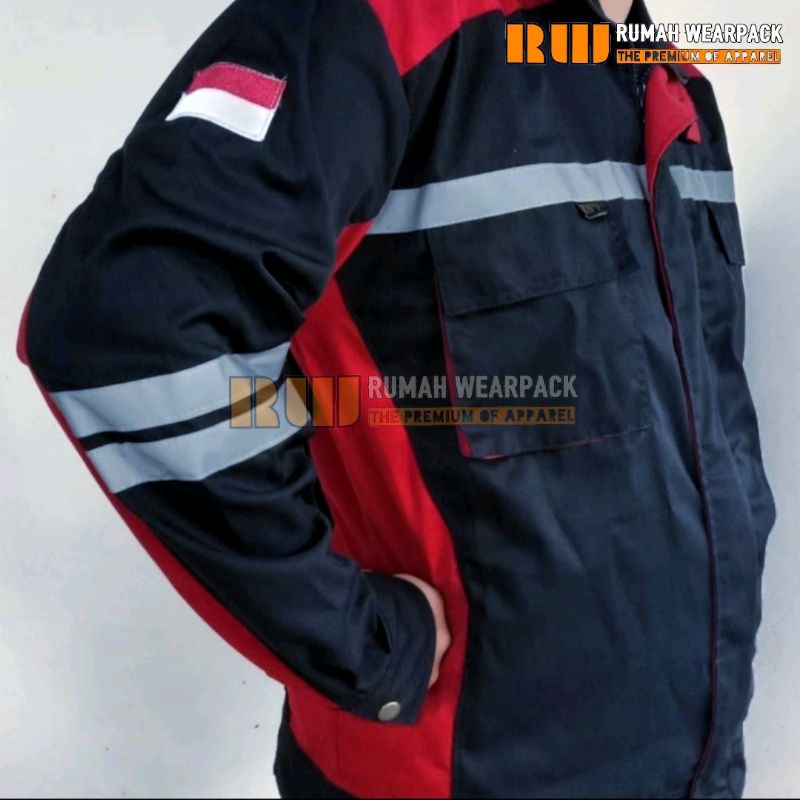 Semi Jaket Atasan Kerja Wearpack Proyek Warna Navy Kombinasi Merah