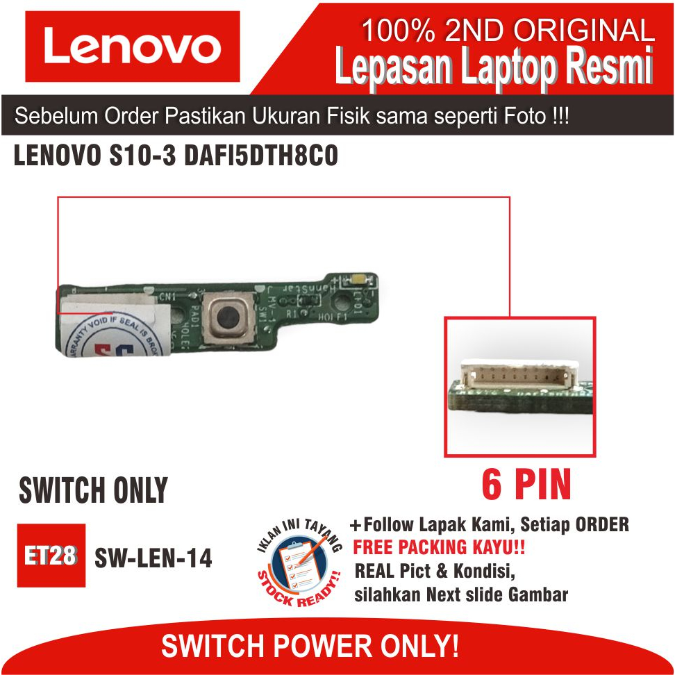 ET28  SW-LEN-14 Power Sw button Switch ON OFF Power Board Tombol saklar Laptop LENOVO S10-3 DAFl5DTH