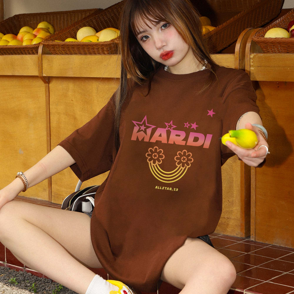 Brown T-shirt Lengan Pendek Retro English Mardi Design Printing Korean Style/Kaos Atasan Wanita/Baju Kaus Oversize Wanita