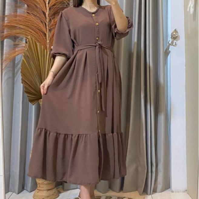 Mahalini Midi Dress Polos Casual Jalan Santai Liburan Manis Kancing Baju Wanita Rempel Flowy Variasi Tangan Balon Bumil Busui Crinkle Airflow Lembut