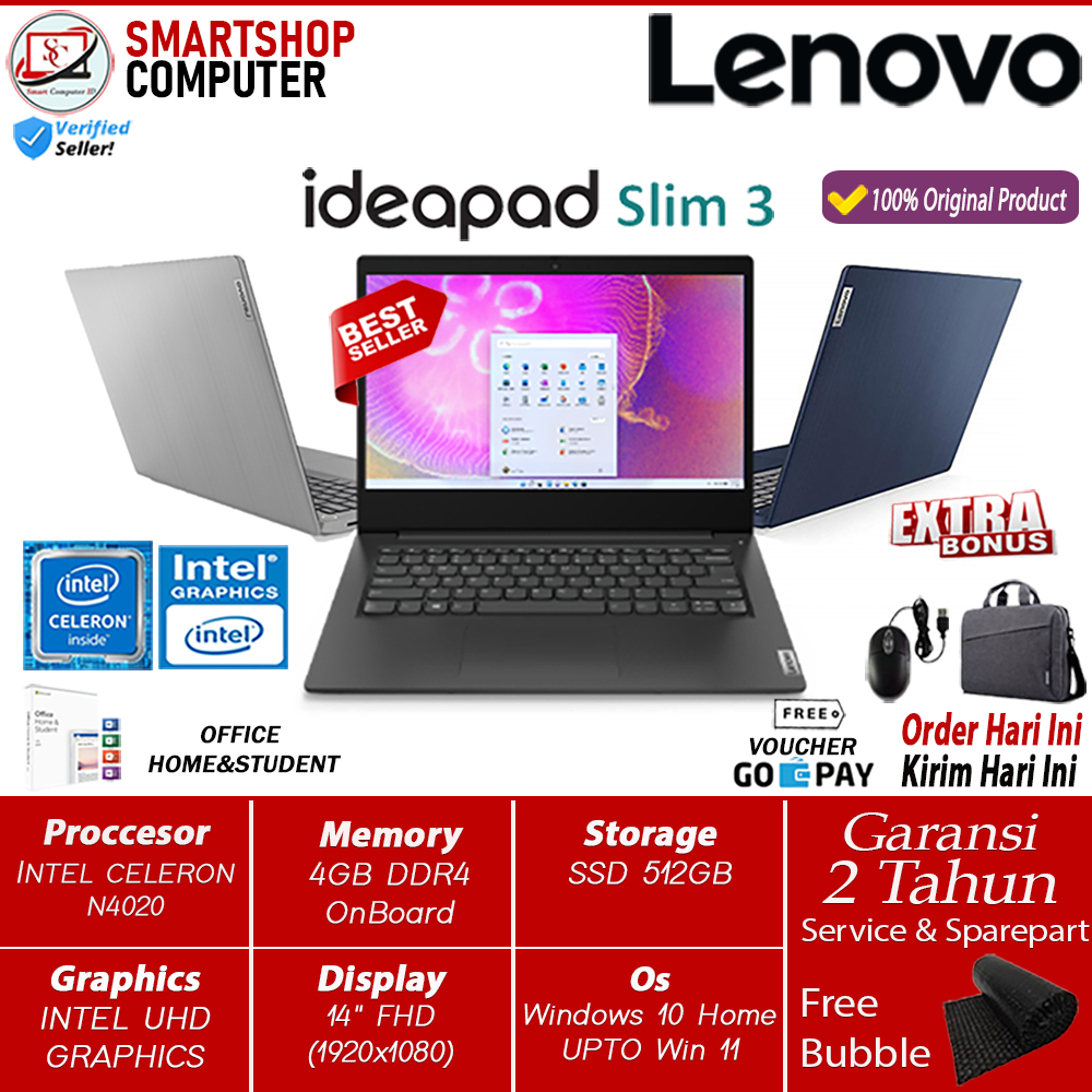 Laptop Baru Murah Lenovo Slim 3 14 Intel N4020 Ram 4GB 512GB SSD Windows 10 OHS Original