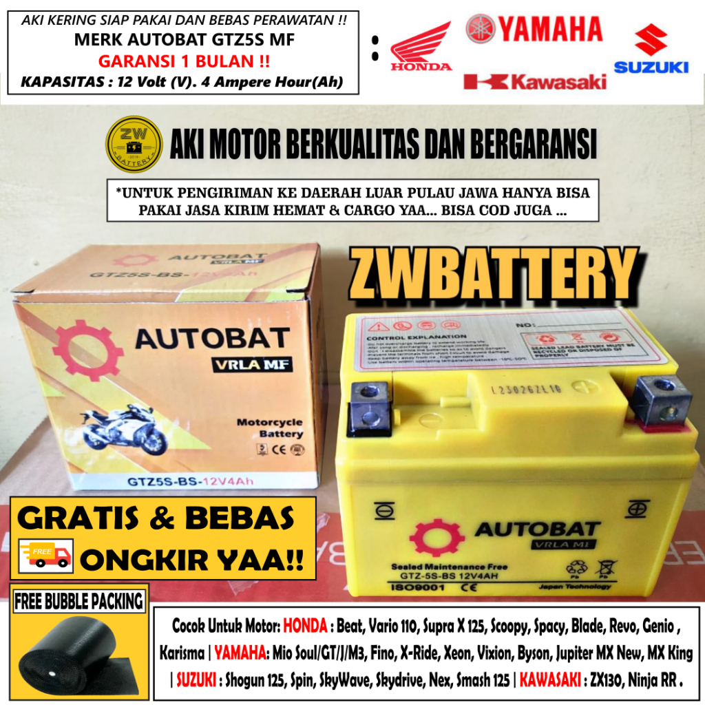 AKI MOTOR BEAT, VARIO 110, REVO, SPACY, XEON, FINO, SUPRA X 125, REVO GTZ5S UNIBAT 4,5AH