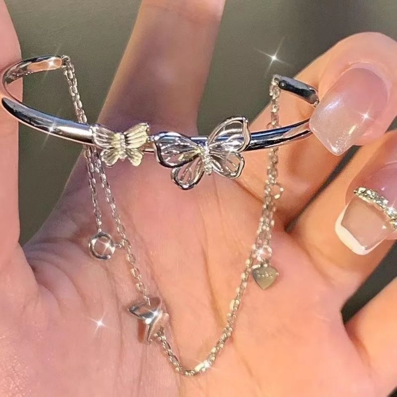 FerenHongXia Perhiasan Paduan Gelang tangan Rantai Silver Perancis Wanita  Kupu Kupu Hati Simple Fashion Peri Super