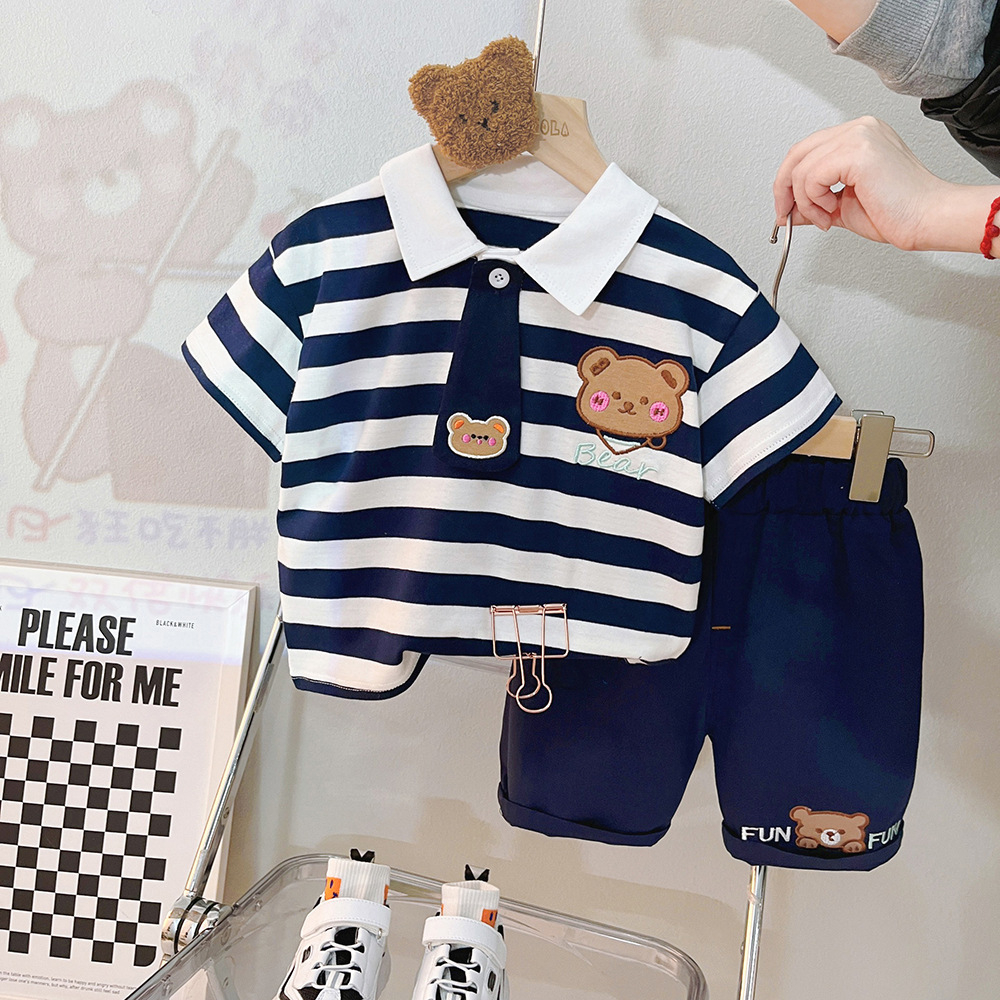 Setelan Anak Laki Laki + dasi LIAM Baju Set 2in1 Kaos Polo Garis dan Celana Pendek Import