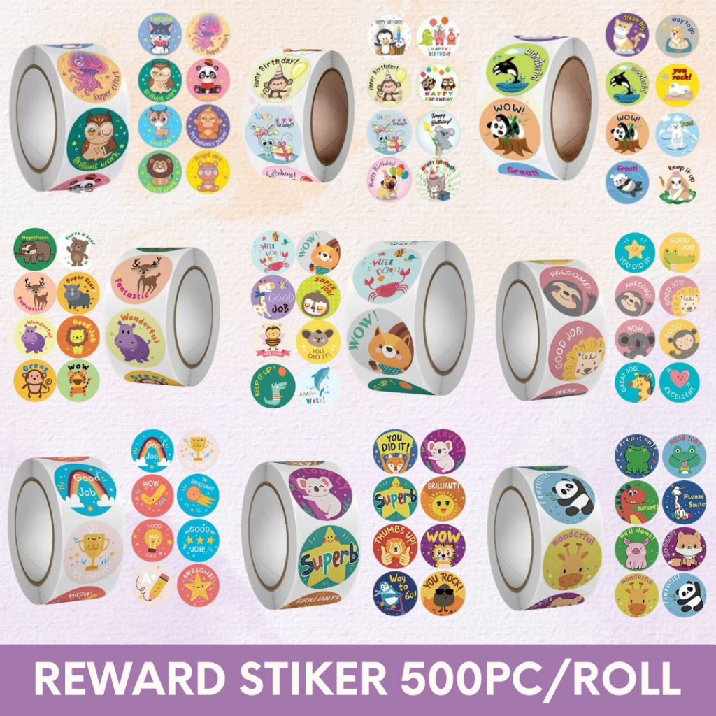 Mikusoo Stiker Reward Isi 500 Pcs Roll Bulat Anak Ucapan Motivasi Animal Unicorn Thank you Lucu Kartun