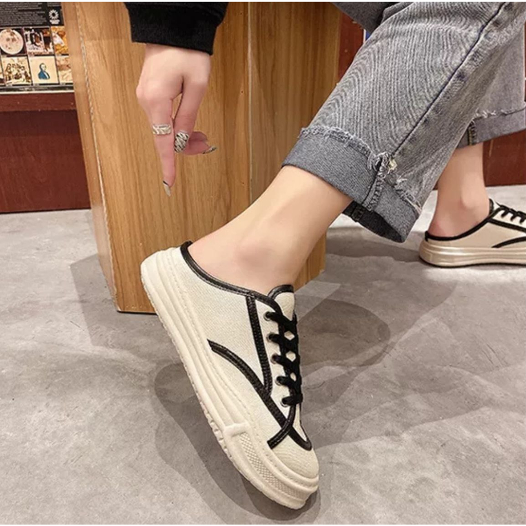 SS1795 Sepatu Slip On Wanita Fashion Import Sederhana Canvas Dengan Tali Sepatu Ready Jakarta Bisa COD (With Box)