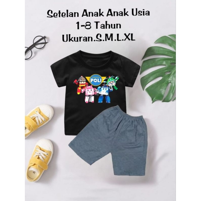 Setelan  kaos Anak Laki Laki Robocar Poli usia 1-9Tahun